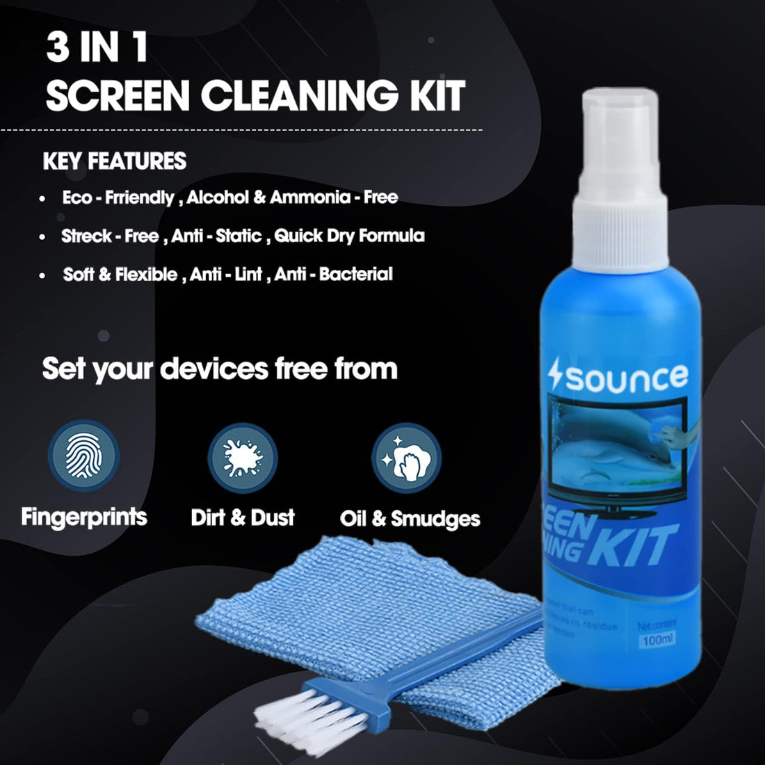 3 in 1 Cleaning Kit Set for Screen PC, Laptops, Monitors, Mobiles, LCD, LED, TV/Professional Quality/Prevents Static Electricity, 100ml with Micro Fiber Cloth and Brush