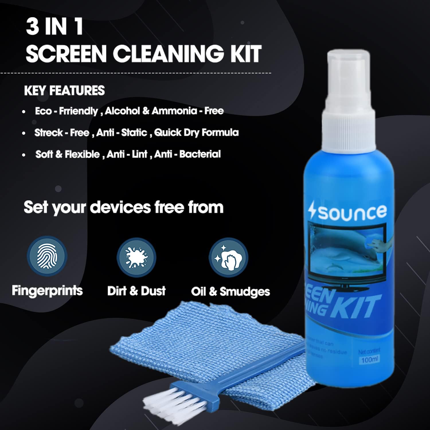 3 in 1 Cleaning Kit Set for Screen PC, Laptops, Monitors, Mobiles, LCD, LED, TV/Professional Quality/Prevents Static Electricity, 100ml with Micro Fiber Cloth and Brush