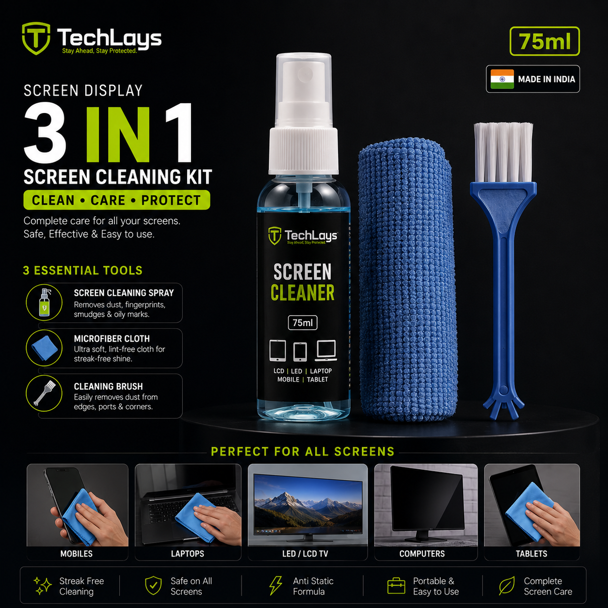 3 in 1 Cleaning Kit Set for Screen PC, Laptops, Monitors, Mobiles, LCD, LED, TV/Professional Quality/Prevents Static Electricity, 100ml with Micro Fiber Cloth and Brush